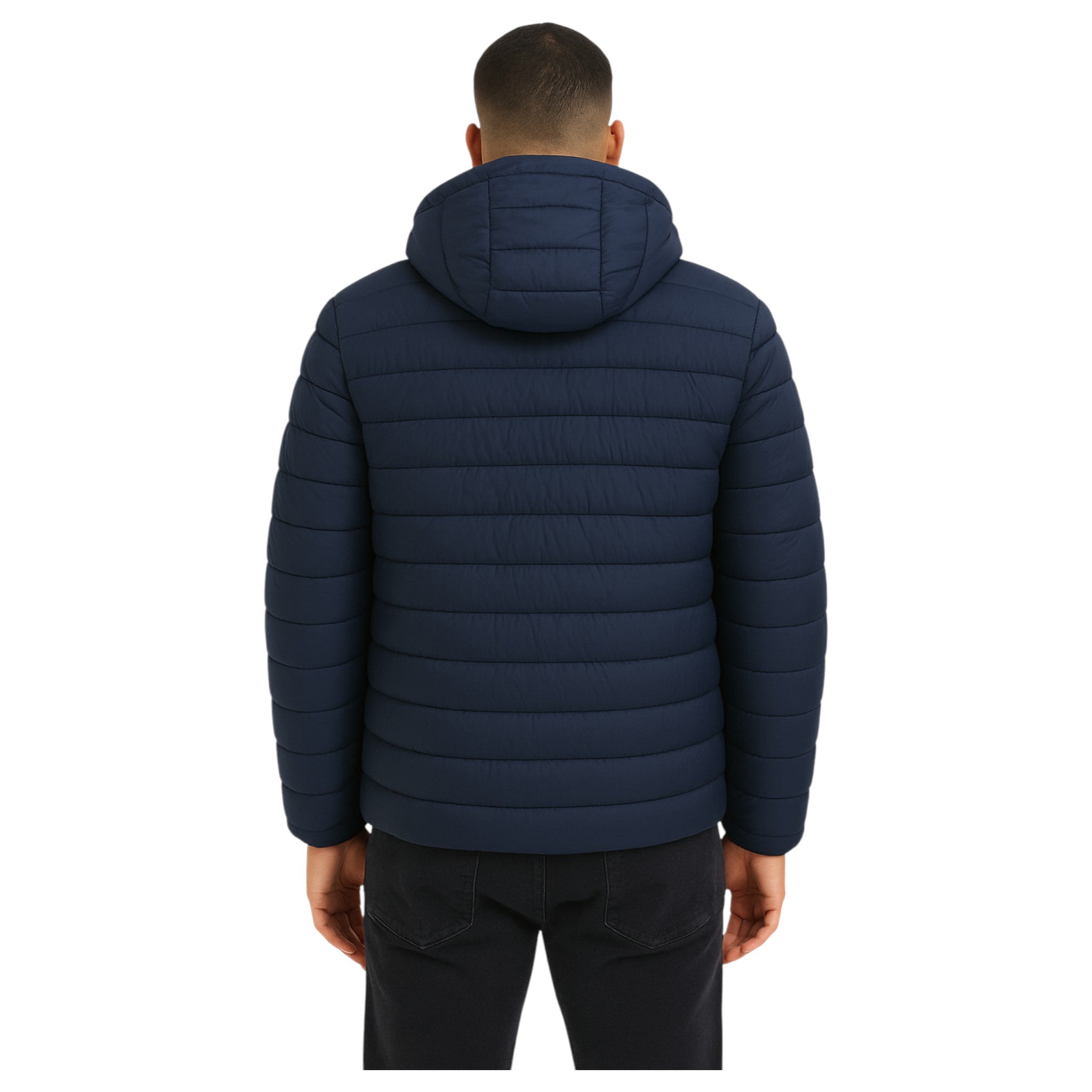 JDN men’s navy puffer coat with detachable hood and zip pockets UK winter jacket